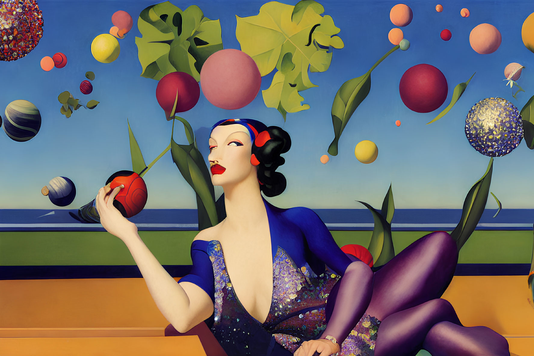 Stylized woman with red lips and blue attire in surreal sea landscape