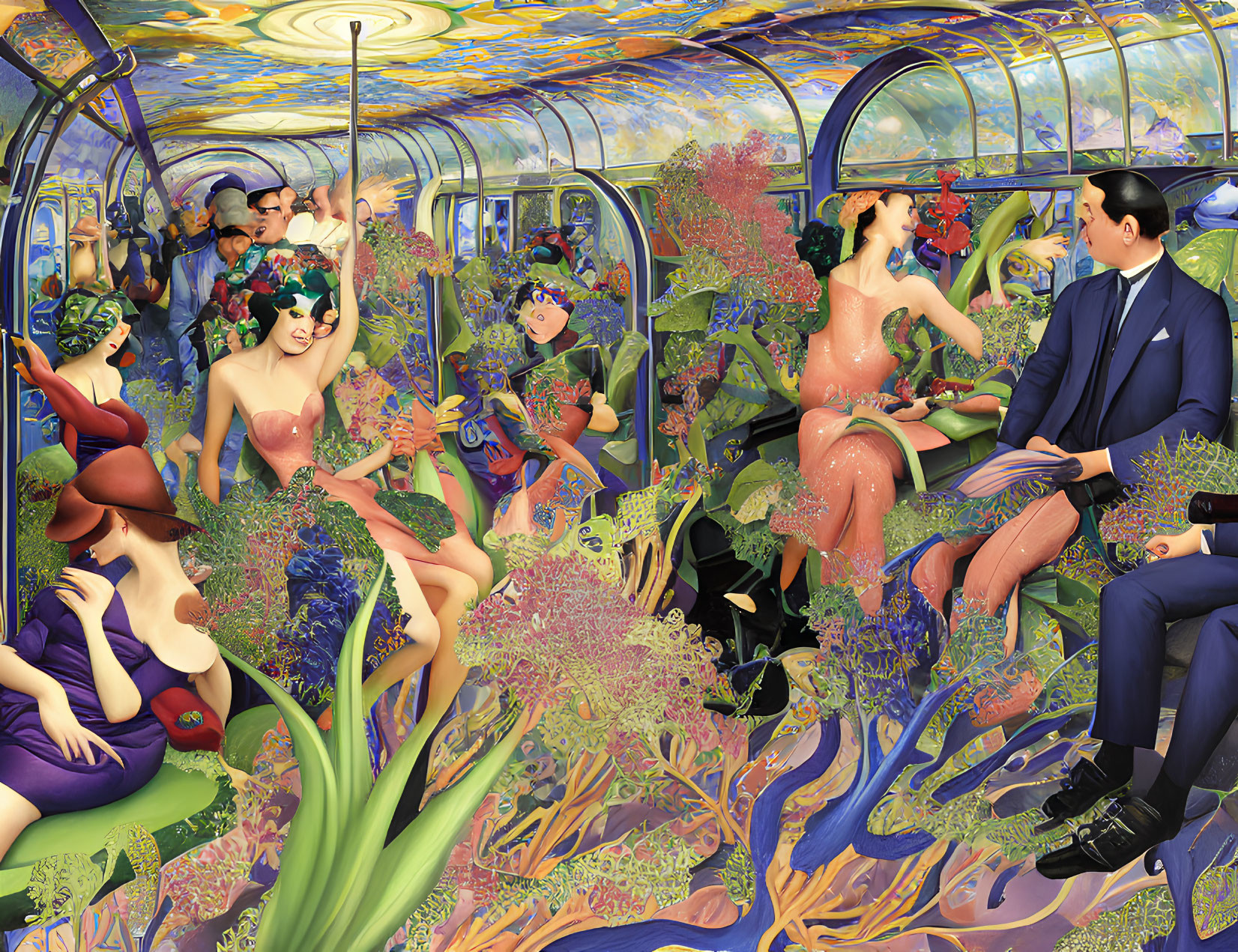 Colorful illustration of plant-themed subway scene