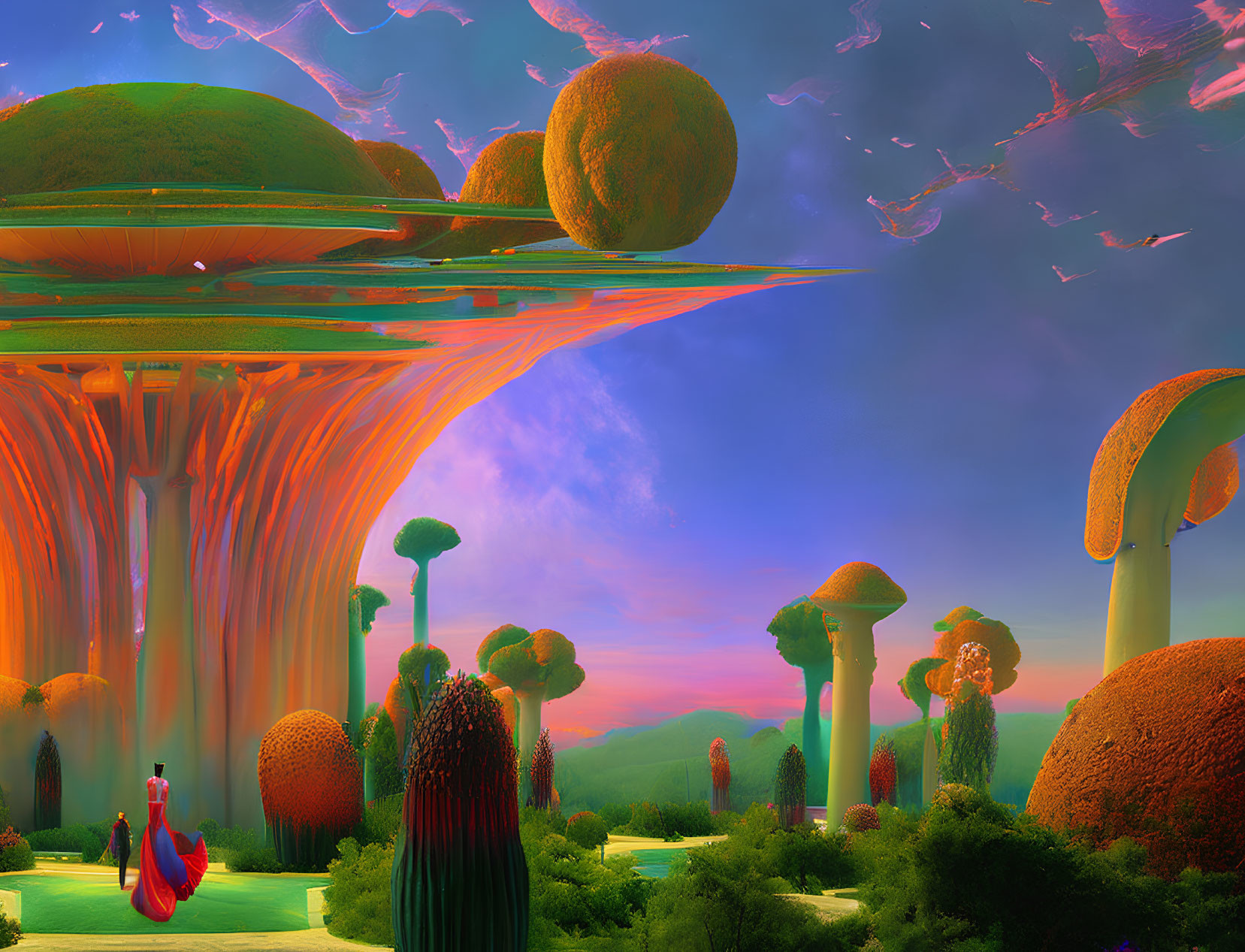 Fantastical landscape with mushroom structures and person in red dress under pink sky