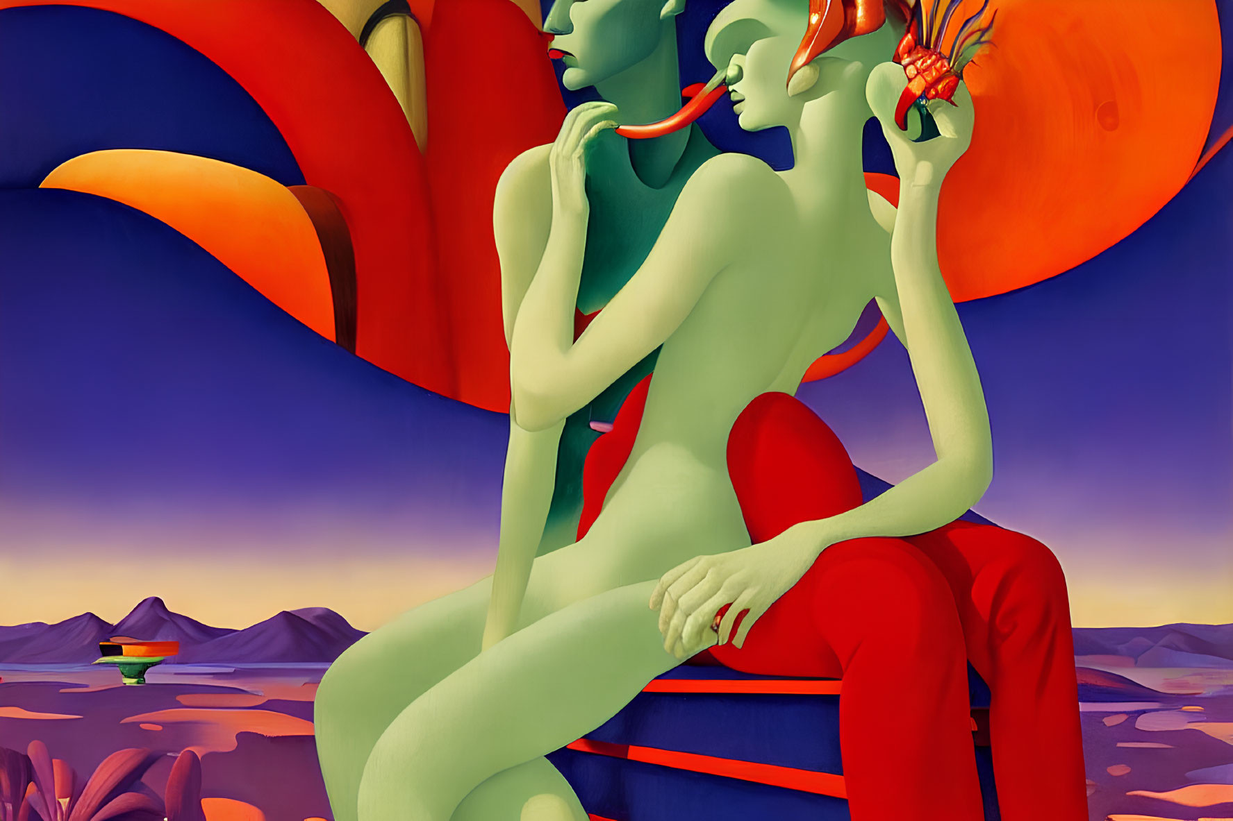 Vibrant Green and Red Stylized Figures in Surreal Landscape