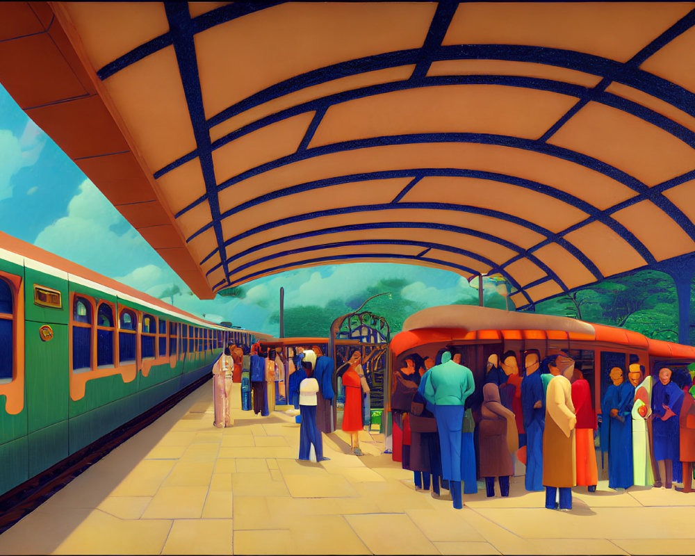 Vintage Train Station Illustration with Early 20th-Century Style People