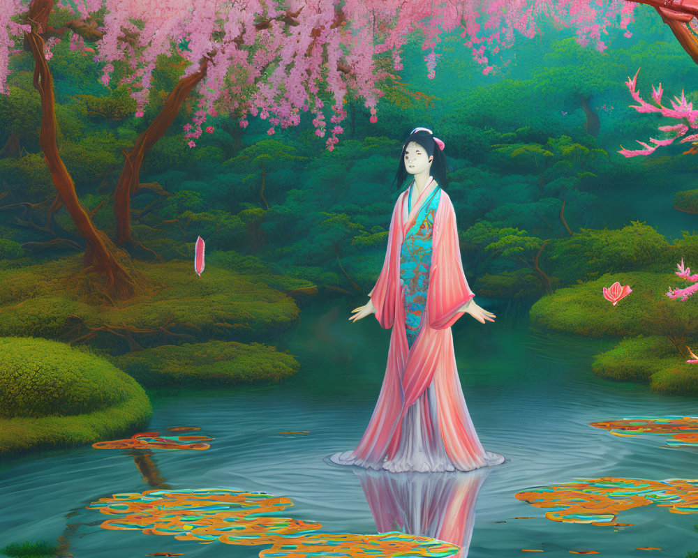 Woman in Traditional Kimono Standing on Water in Cherry Blossom Landscape