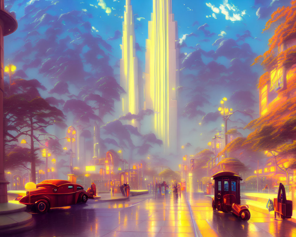 Vibrant futuristic cityscape with vintage car, tram, skyscrapers, and forest