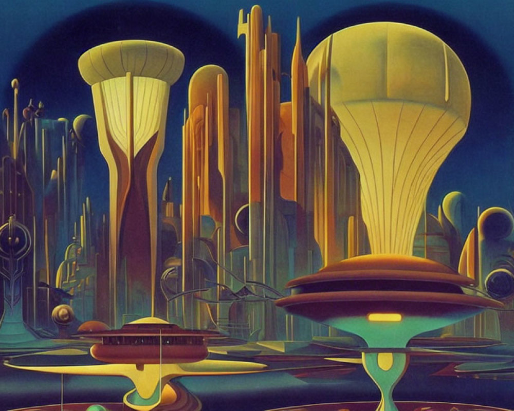 Futuristic cityscape with organic structures, towers, and floating vehicles in blue, yellow, and