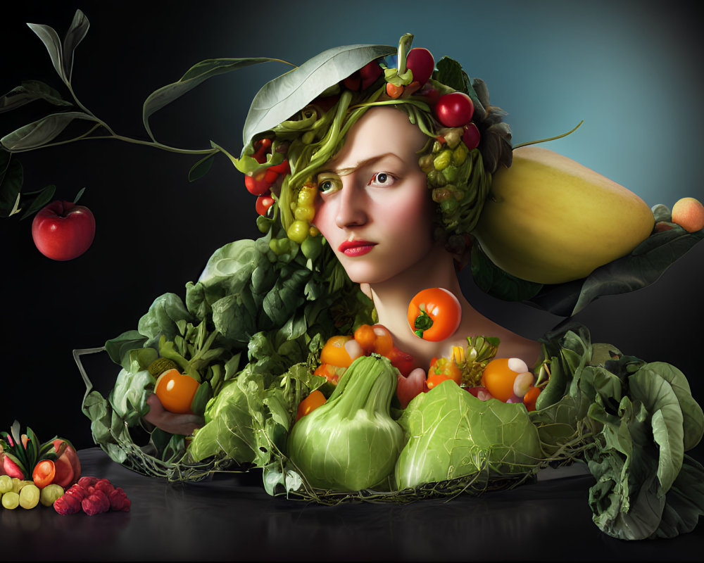 Person adorned with fruits and vegetables symbolizing bountiful harvest