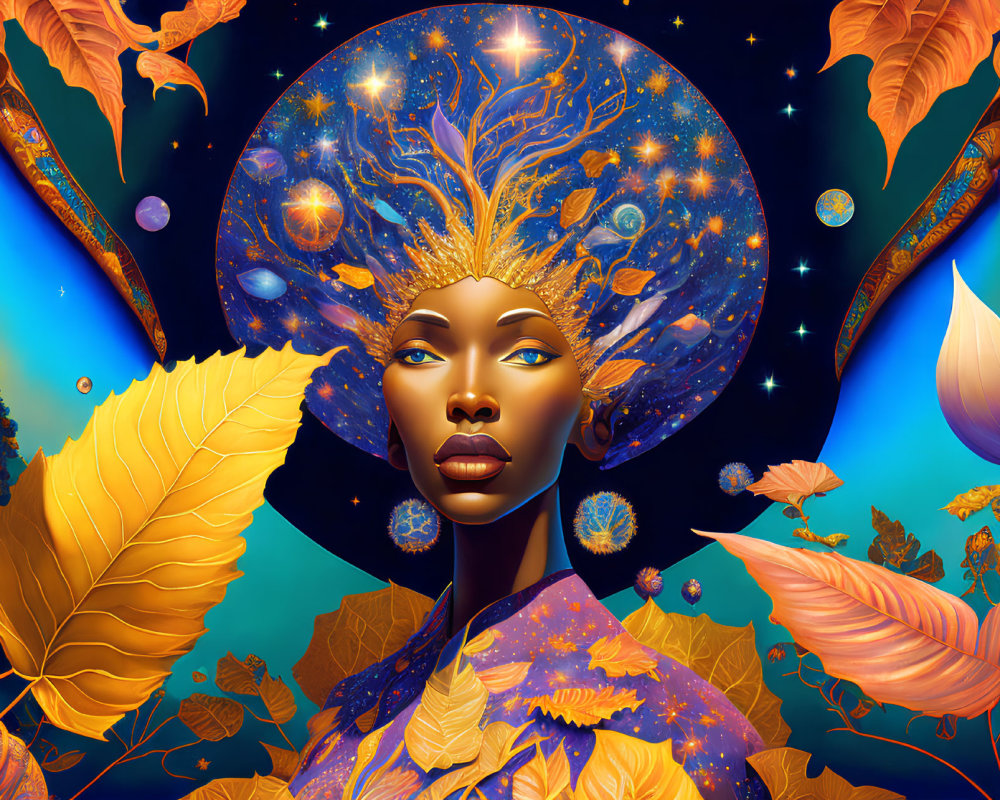 Cosmos-themed headpiece woman surrounded by golden leaves