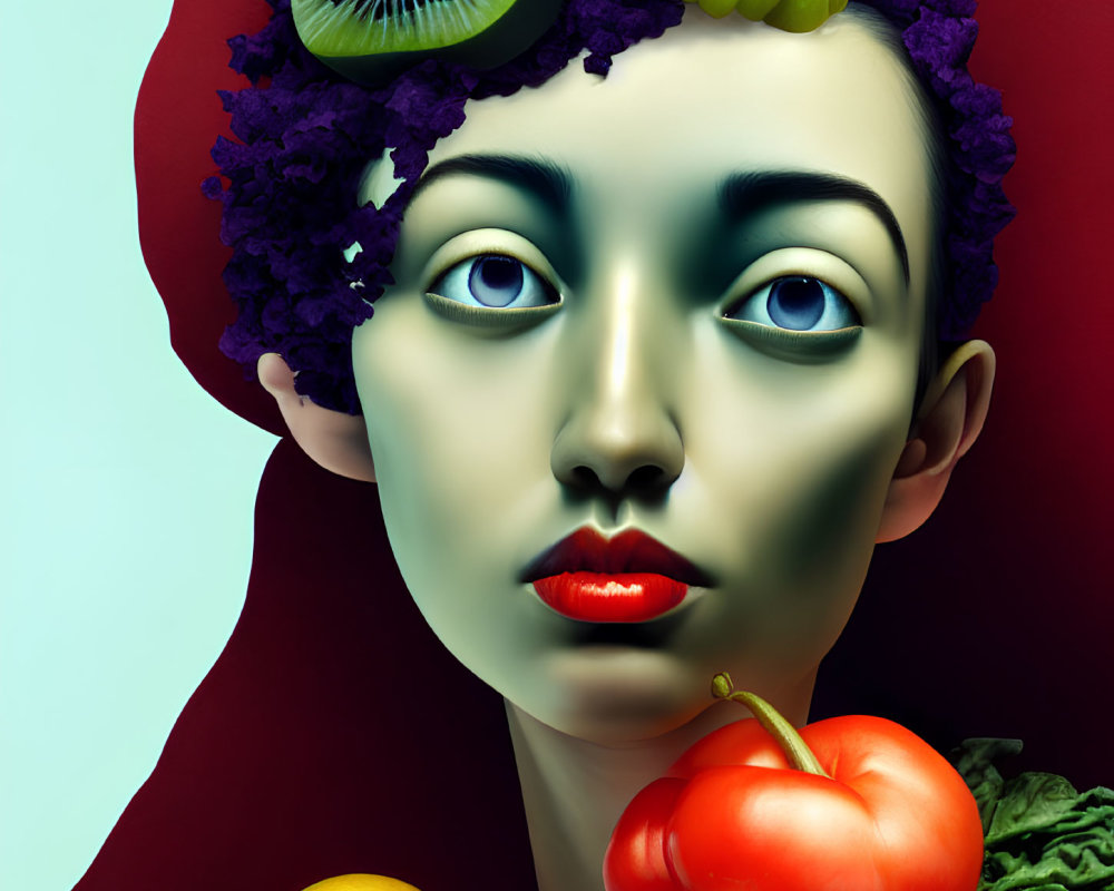Surreal portrait of woman with fruit and vegetable hair on red background