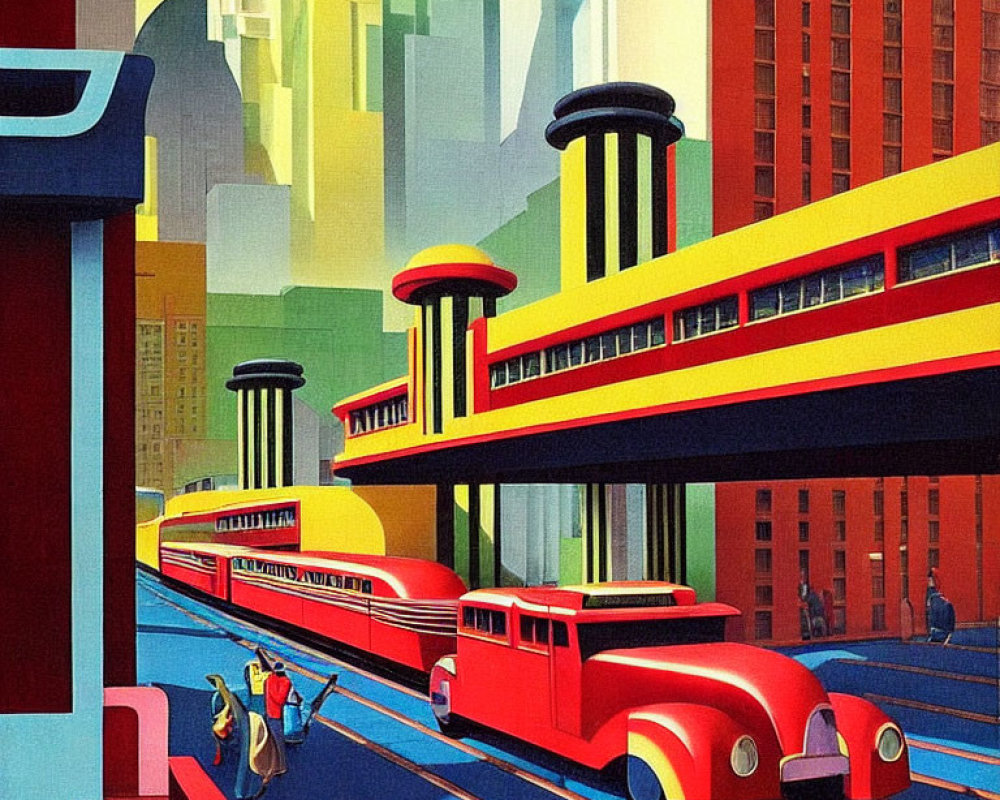 Vibrant Art Deco cityscape with trains and figures