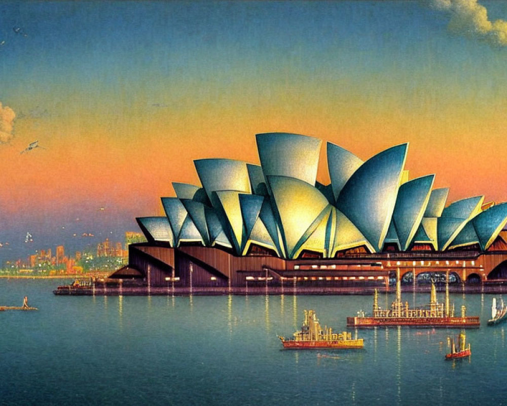 Iconic Sydney Opera House Illustration at Dusk with City Skyline & Boats
