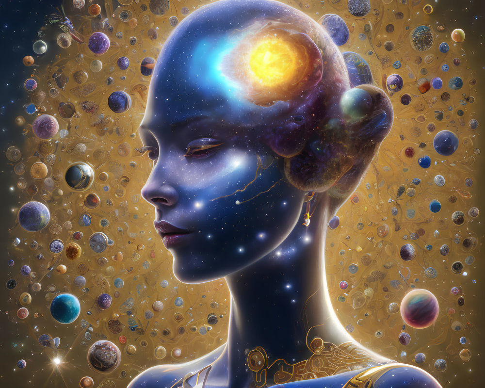Alien female portrait with cosmic-themed complexion and colorful planets.
