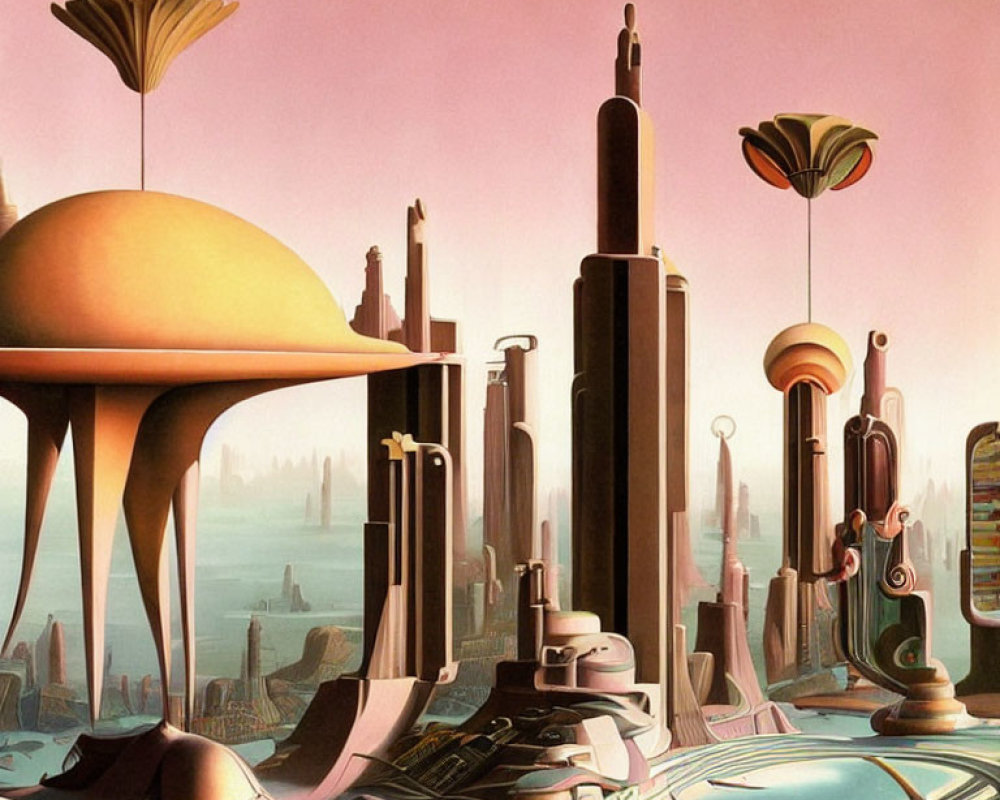 Organic architectural cityscape with surreal spires in pastel sky
