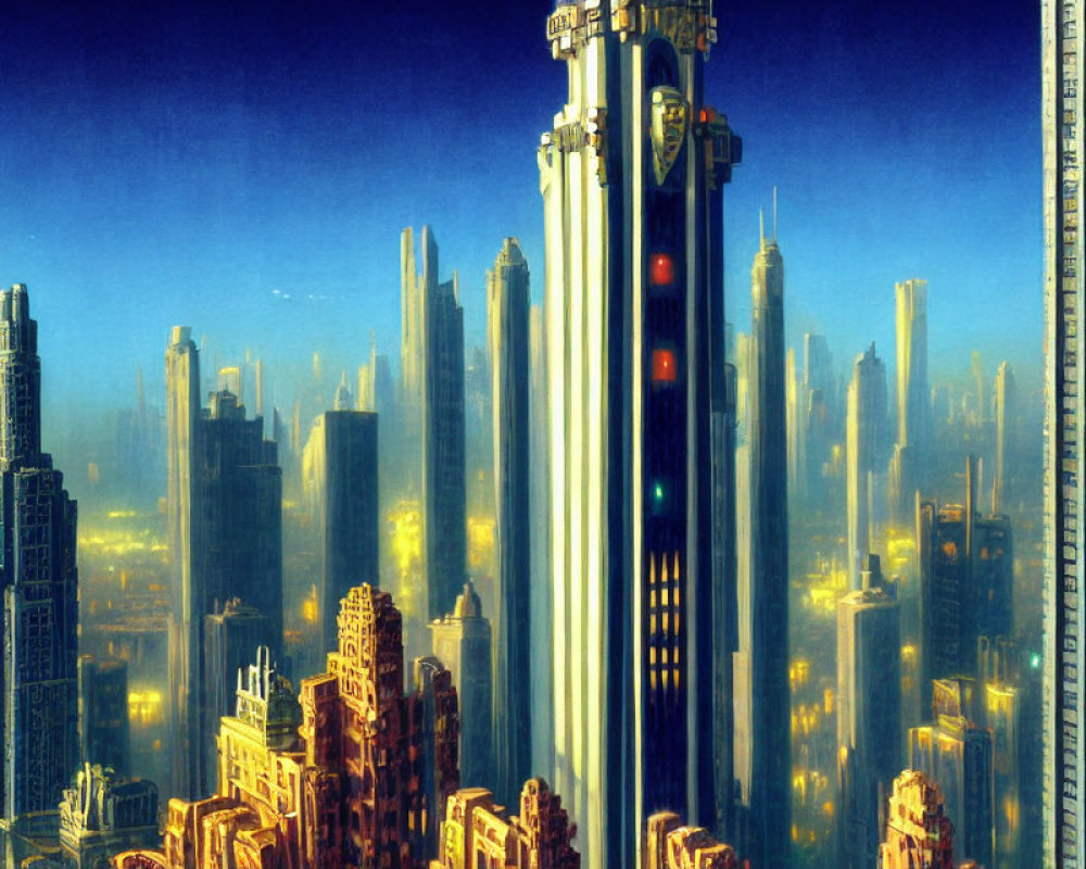 Futuristic cityscape with towering skyscrapers in golden light
