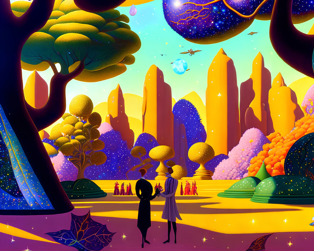 Vibrant digital illustration of couple in alien landscape