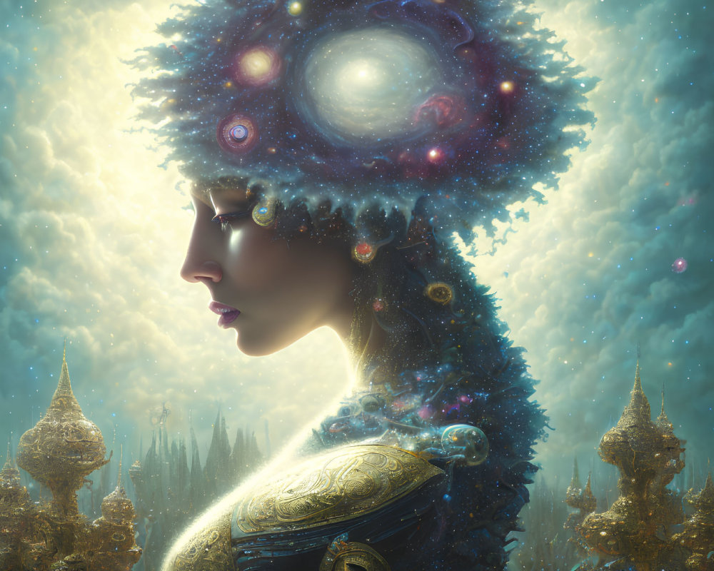 Cosmic-themed headdress on woman in fantastical landscape