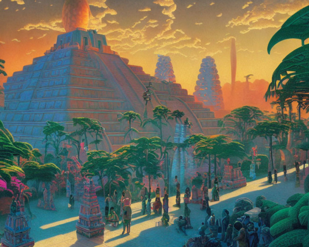 Futuristic city with Mesoamerican pyramid architecture in lush setting