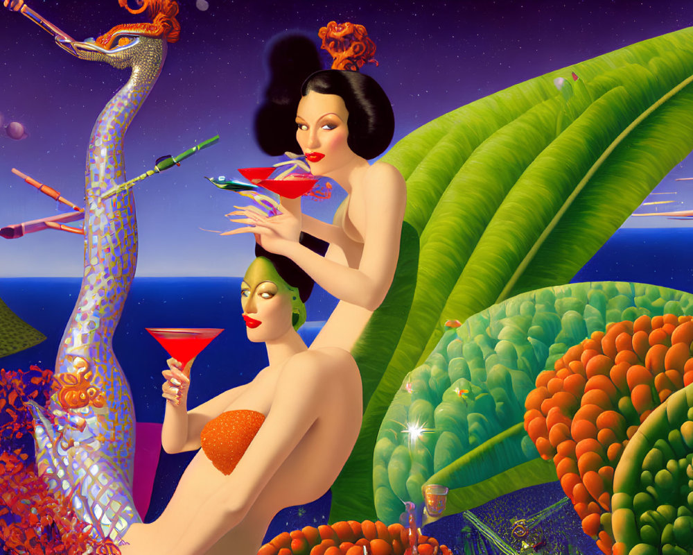 Surreal landscape with two stylized women and cocktails