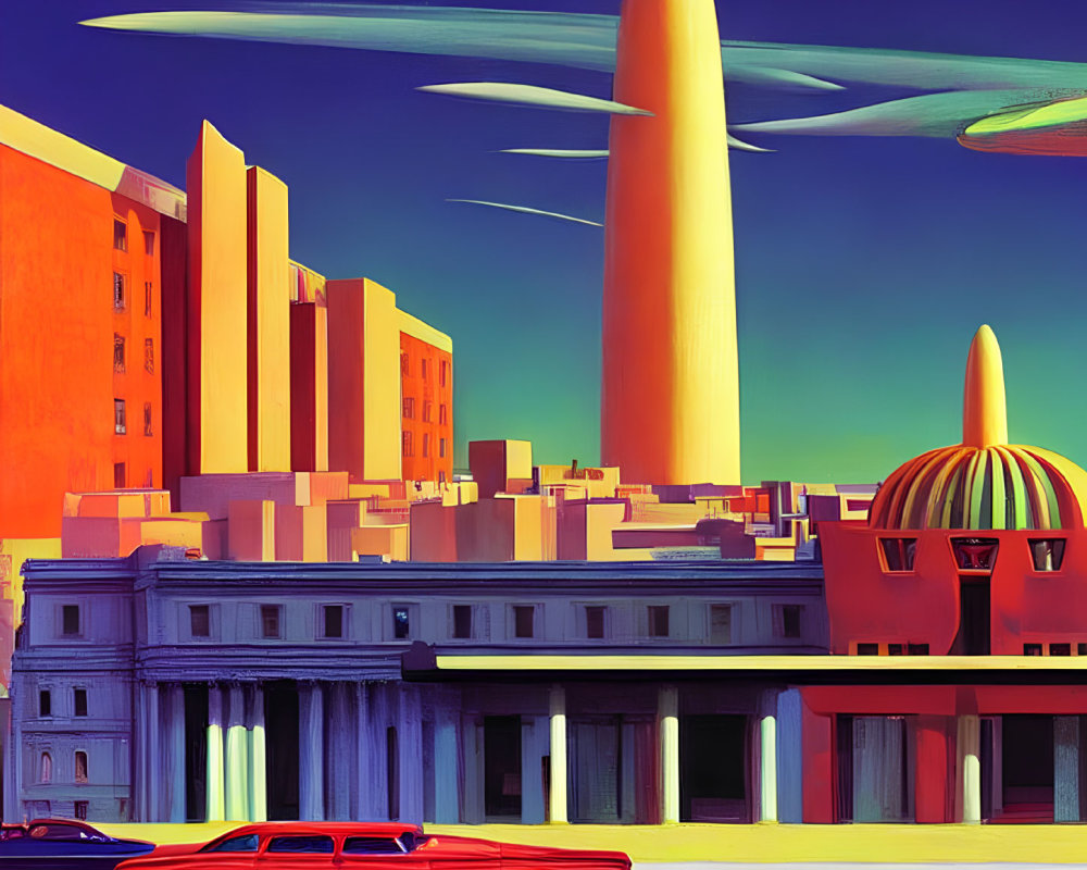 Colorful retro-futuristic painting: Red car in cityscape with stylized buildings and rocket-like