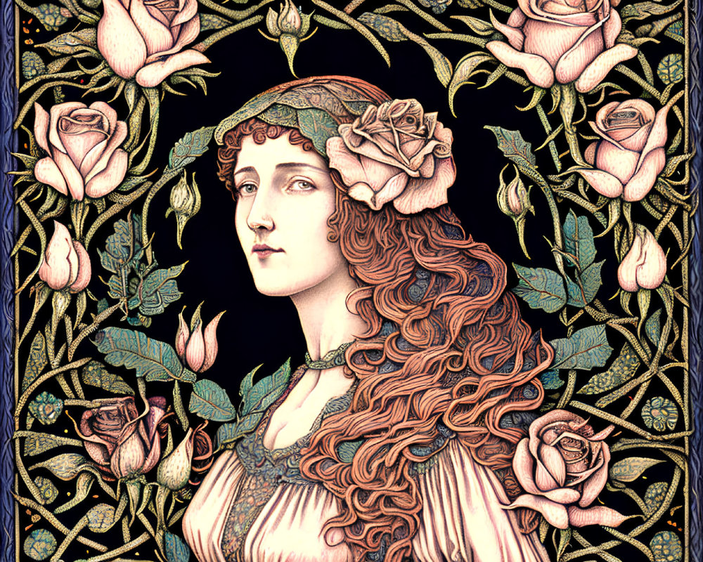 Art Nouveau Woman Illustration with Red Hair and Floral Frame