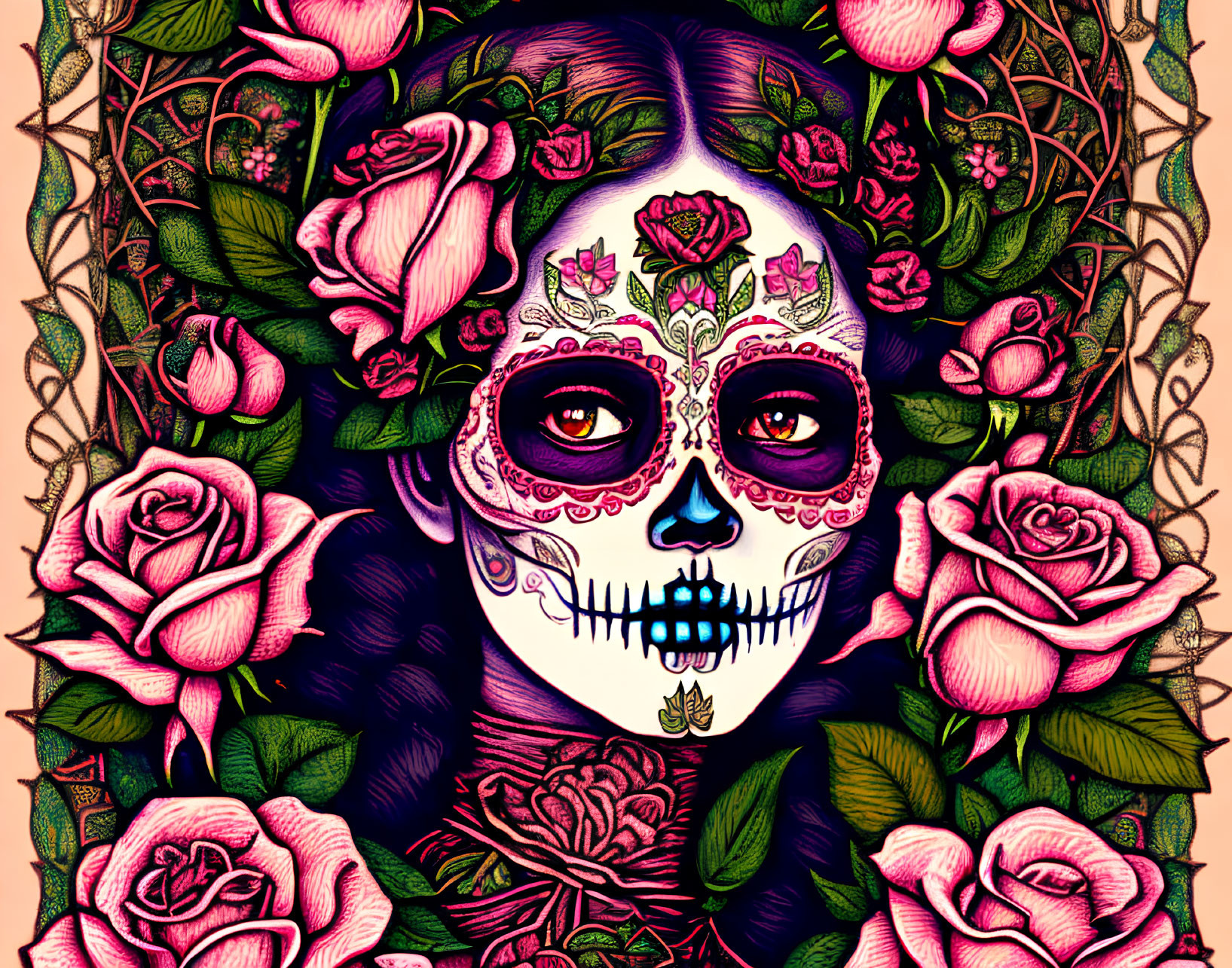 Vibrant skull-painted woman with roses and vines in Day of the Dead style