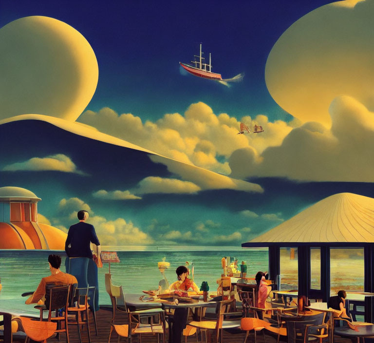 Outdoor cafe diners under surreal sky with floating boat and airplane above ocean