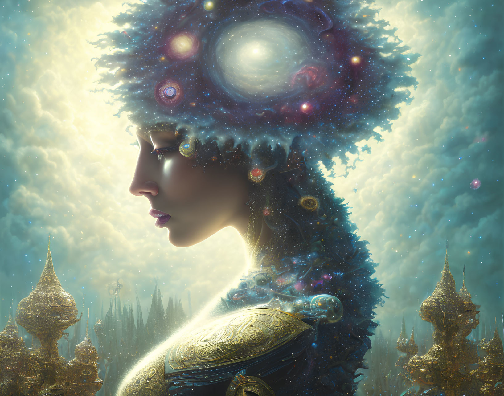 Cosmic-themed headdress on woman in fantastical landscape