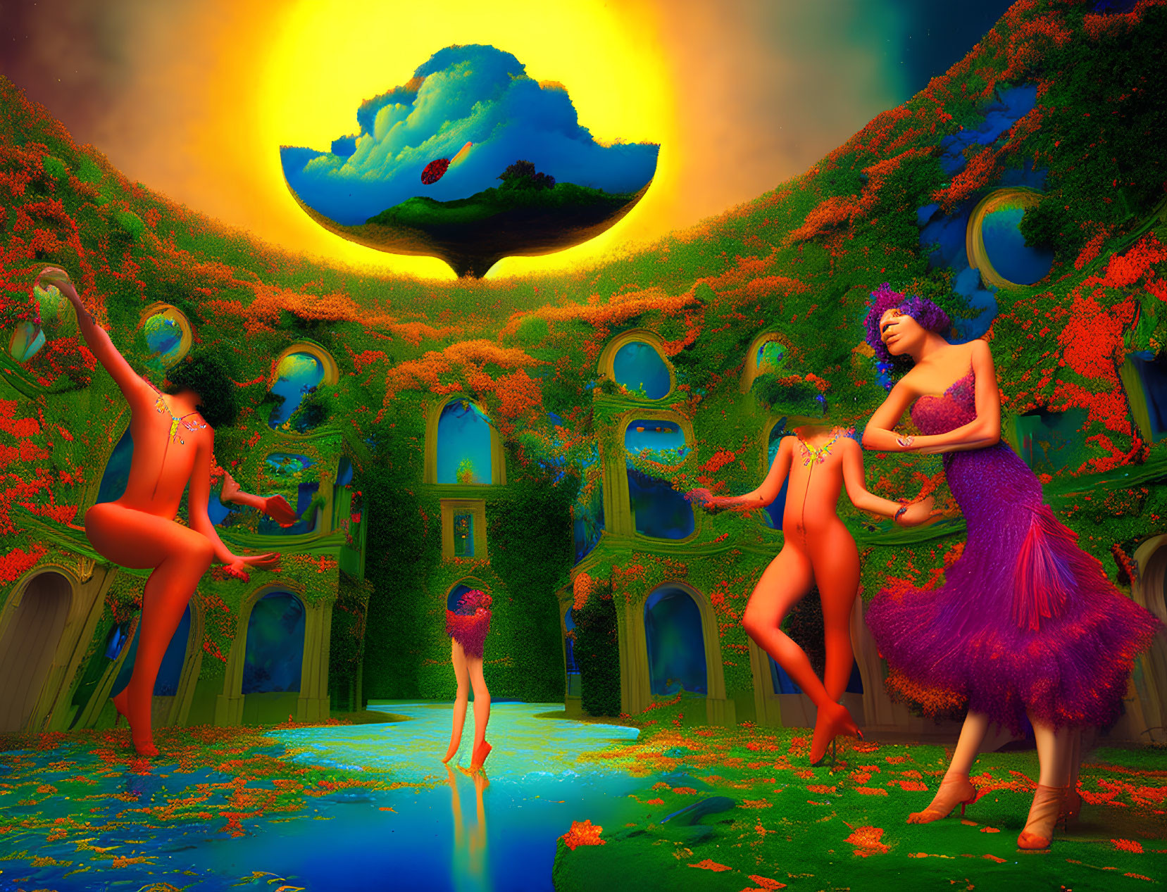 Fantasy garden with colossal yellow sun, surreal blue trees, and three women in colorful attire posing eleg