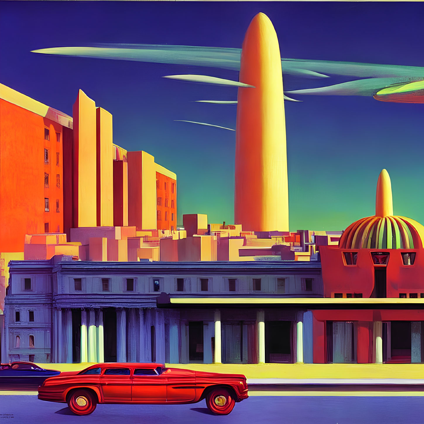 Colorful retro-futuristic painting: Red car in cityscape with stylized buildings and rocket-like