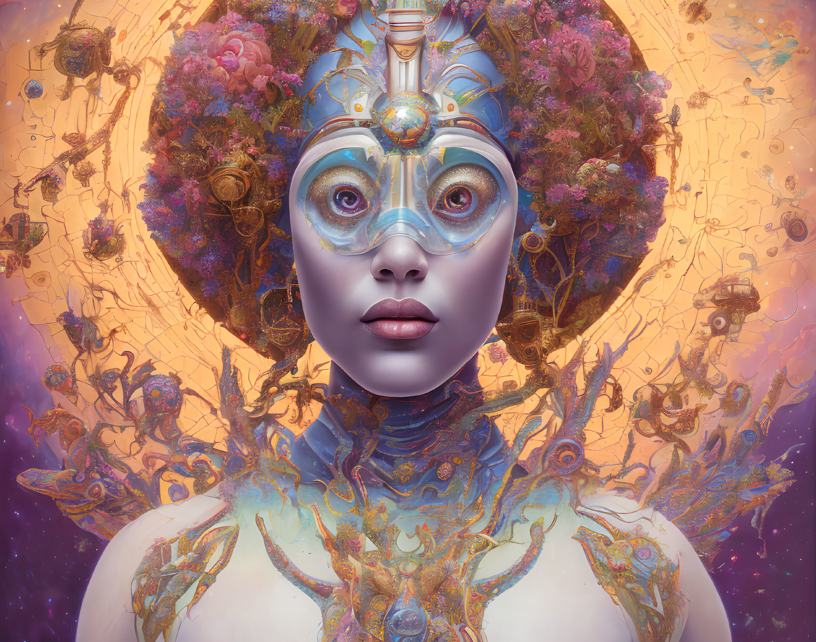 Surreal portrait of female android with ornate headgear and floating orbs