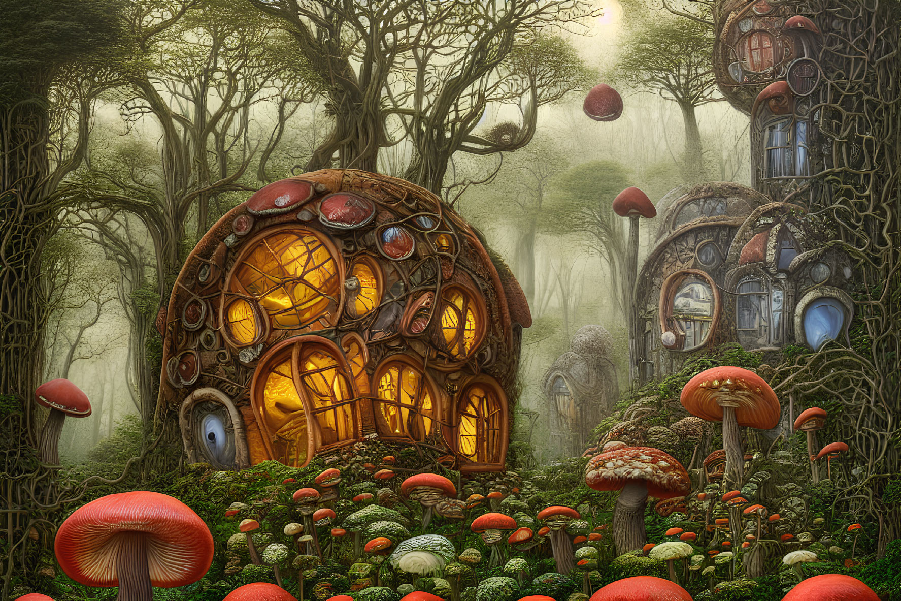 Whimsical fantasy forest with glowing mushroom houses and mystical trees