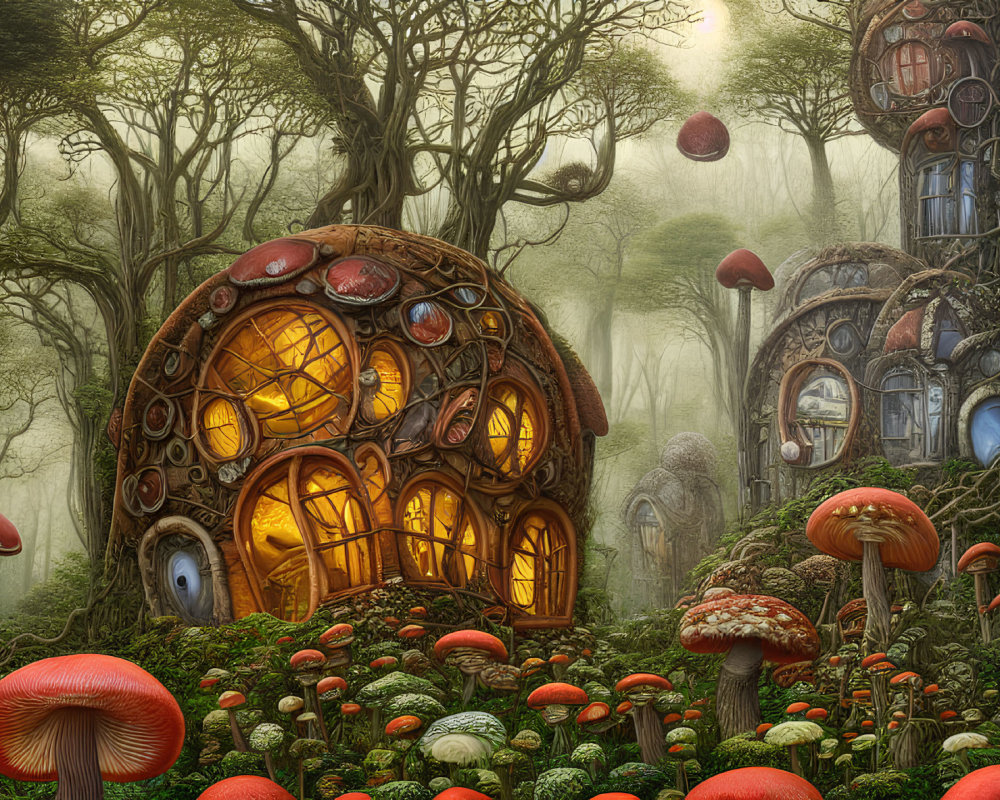 Whimsical fantasy forest with glowing mushroom houses and mystical trees