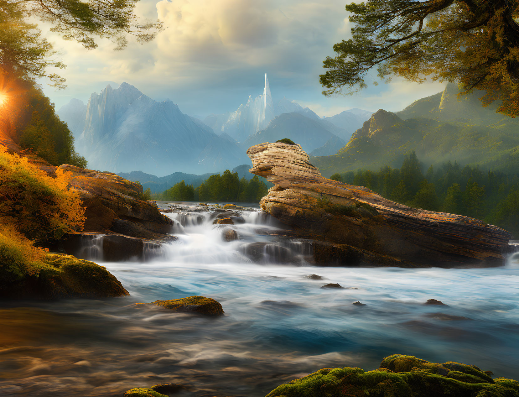 Scenic landscape with cascading river, lush trees, and mountains