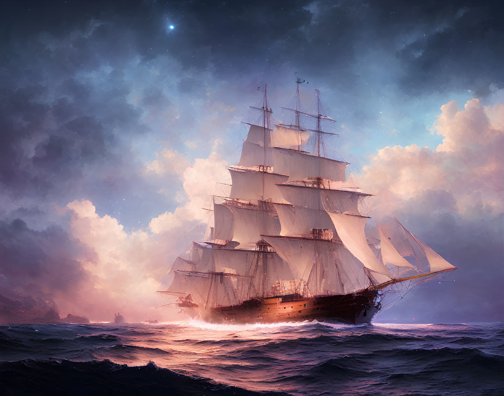 Majestic sailing ship in turbulent seas under pink and purple sky