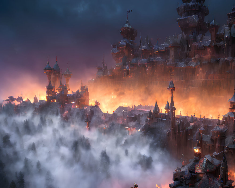 Fantasy cityscape with warm and cool colors, towering spires, flying banners, and glowing lights
