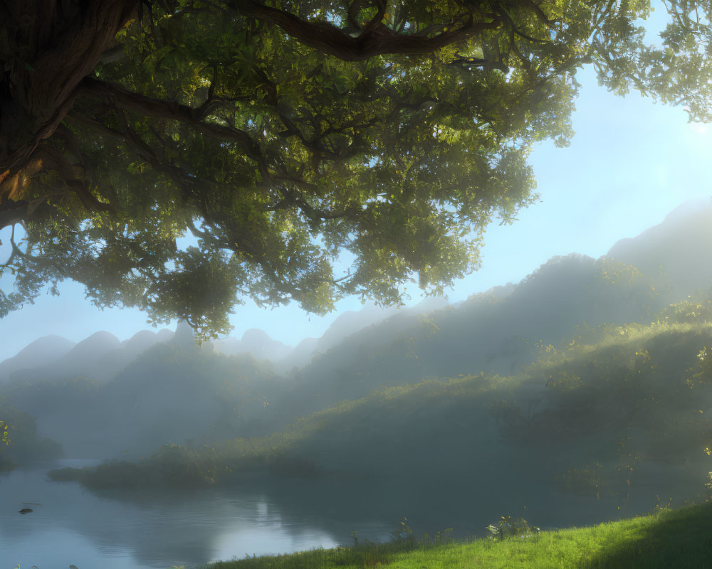 Tranquil river with misty mountains, lush tree, and soft glowing light