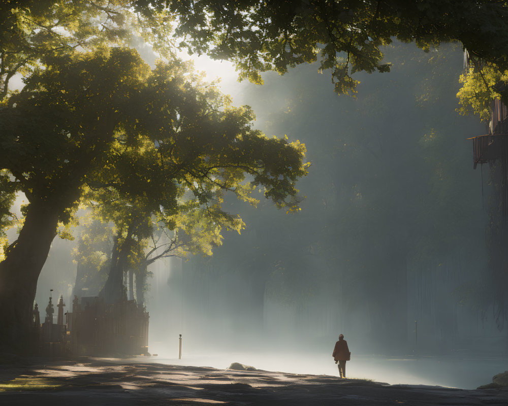 Misty sunlit path with solitary figure and towering trees