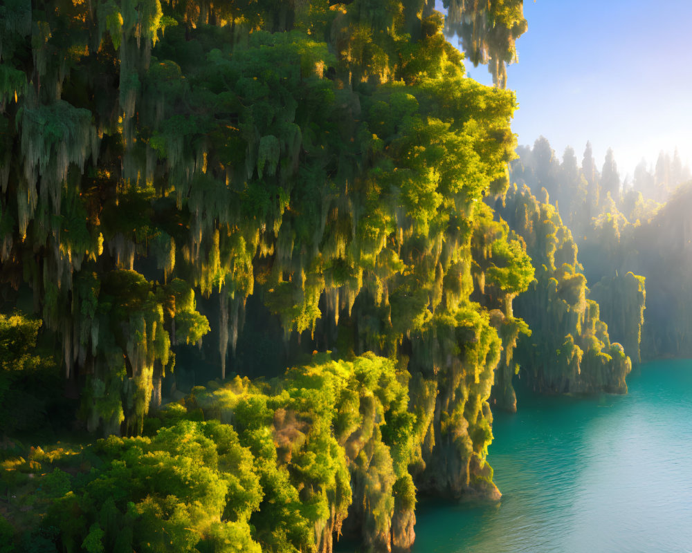 Tranquil lake with lush green foliage and misty sunlight