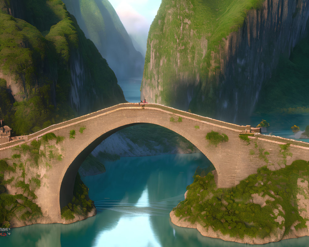Ancient stone bridge over calm river, surrounded by verdant mountains under blue sky