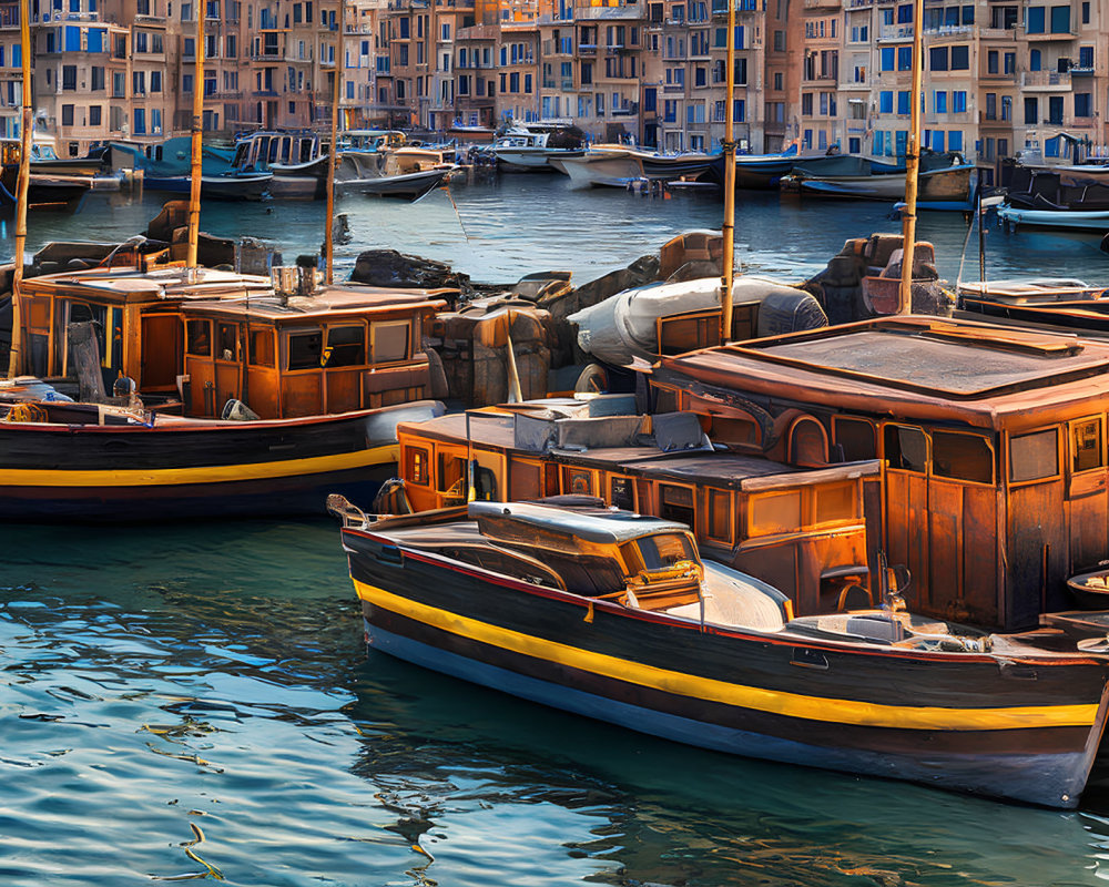 Wooden boats on calm water near European-style buildings at golden hour