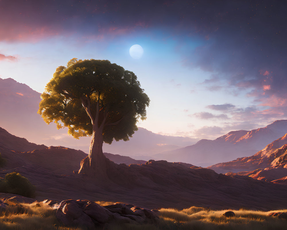 Solitary tree on rugged terrain with mountains and glowing moon
