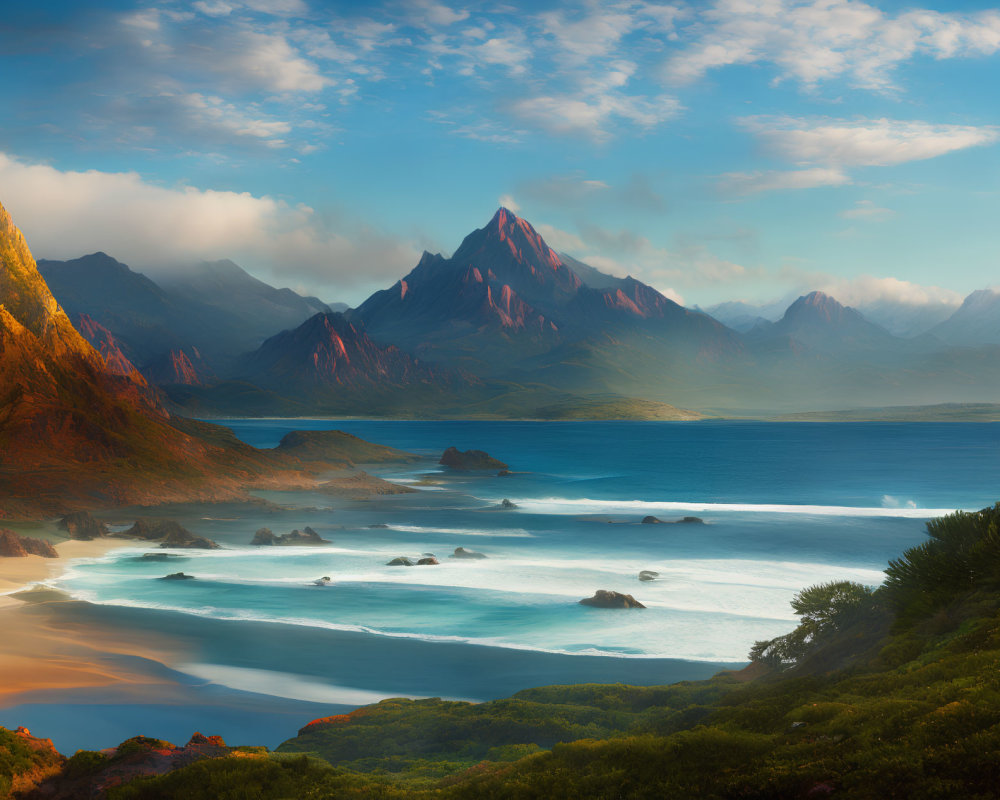 Coastal Landscape with Beach, Cliffs, and Mountain View