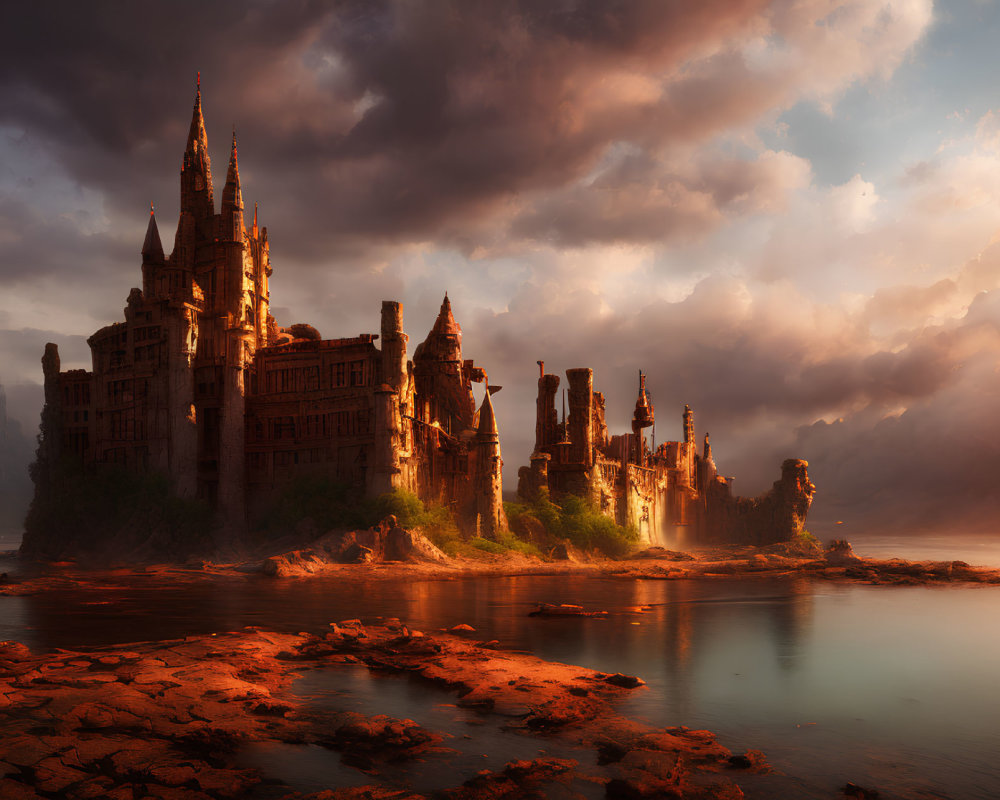 Fantasy castle with towering spires on rocky island at sunset