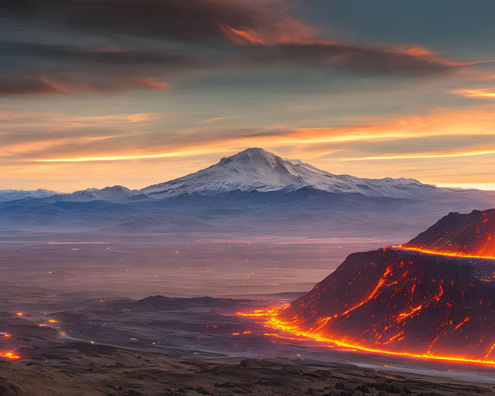 Snow-capped mountain and lava flow under dramatic sunset sky
