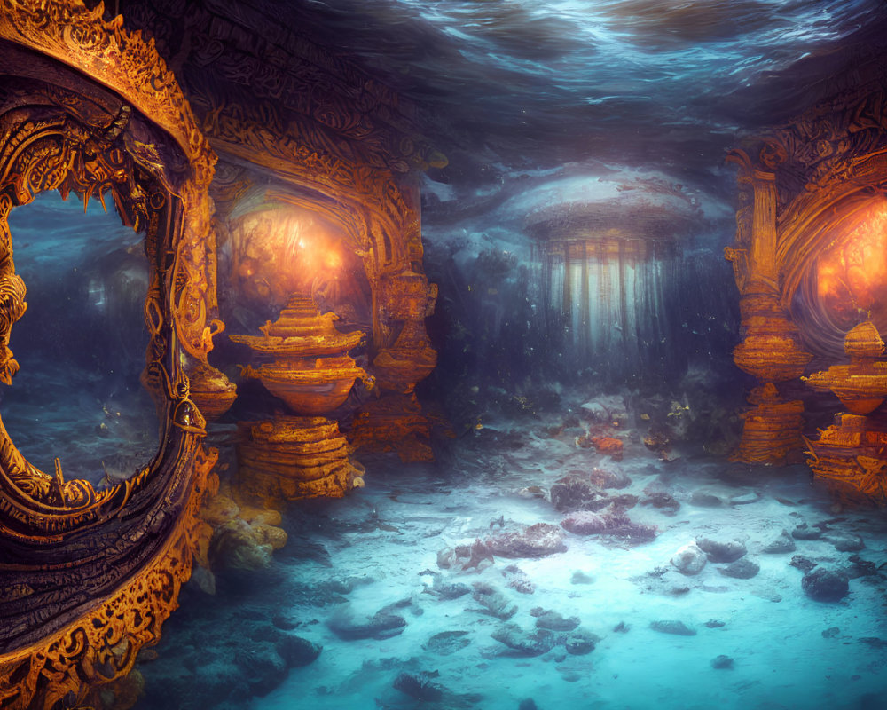 Ancient temple ruins in underwater scene with glowing lanterns and light-filled passage