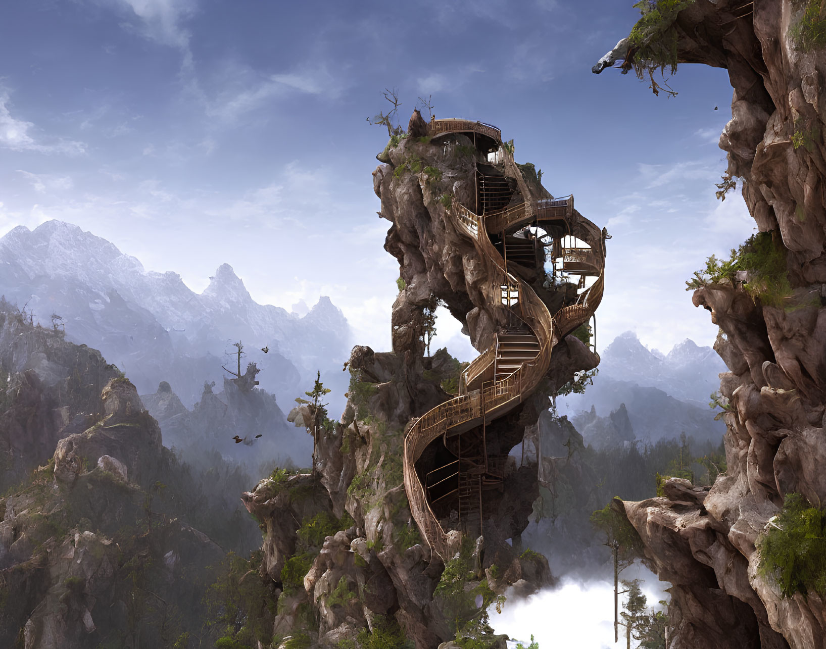 Fantasy mountain landscape with spiral staircase, floating rock, wooden platforms, clouds.