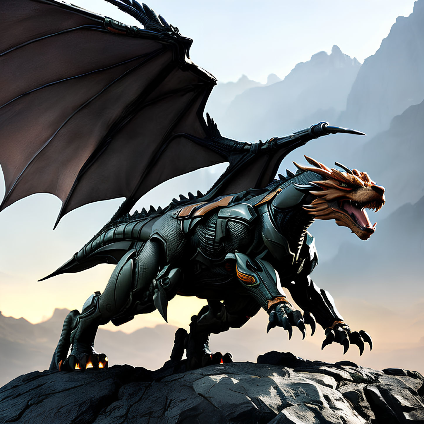 Black dragon with orange underlighting perched on rocky outcrop against misty mountains