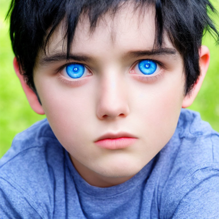 Child with Striking Blue Eyes and Dark Hair in Blue Shirt on Green Background