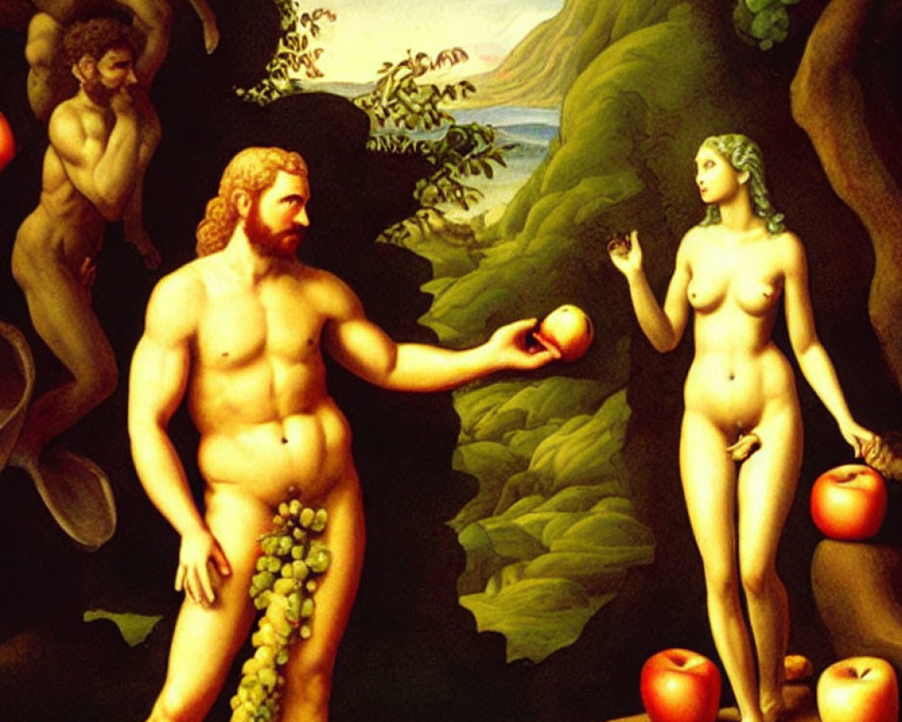 Religious painting depicting Adam, Eve, serpent, and fruit trees