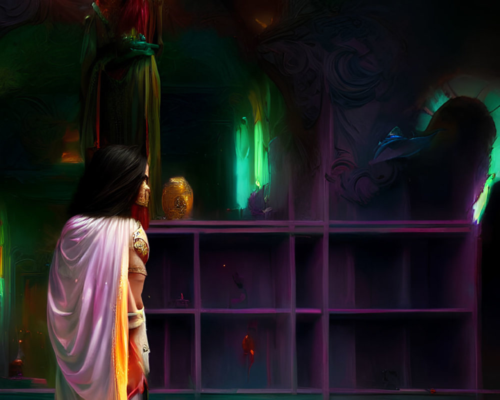 Fantasy scene with colorful figures in mystical room