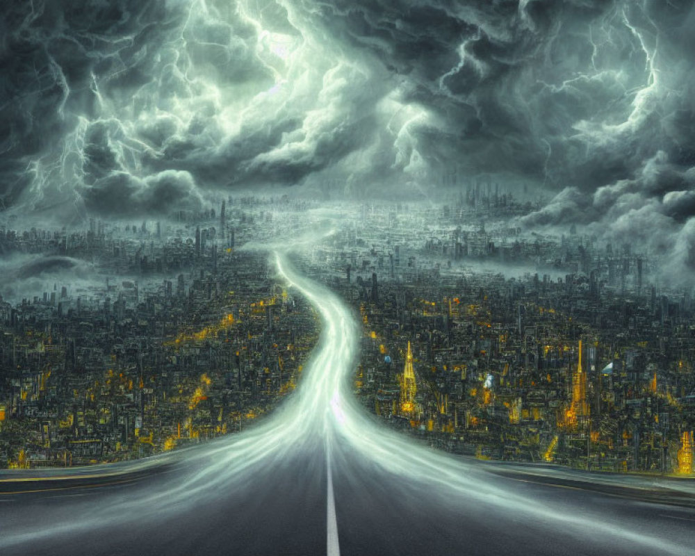 Desolate highway to dark city under tumultuous sky with eerie lightning