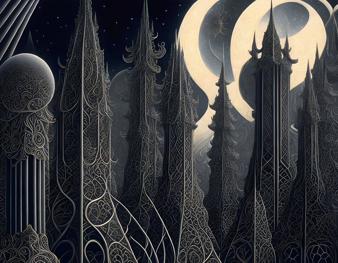 Fantasy landscape with ornate spires under starry sky and crescent moons in metallic engraving